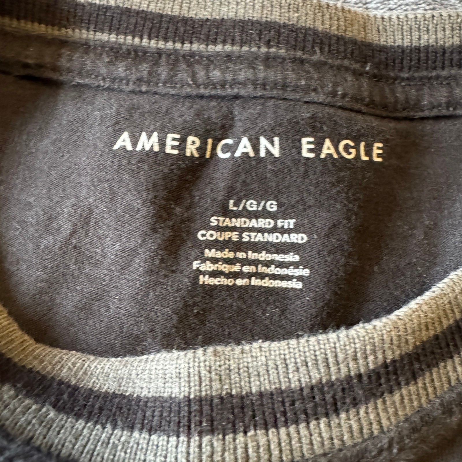American Eagle Mens Large Ringer T-Shirt Black Grey Striped Trim Embroidered