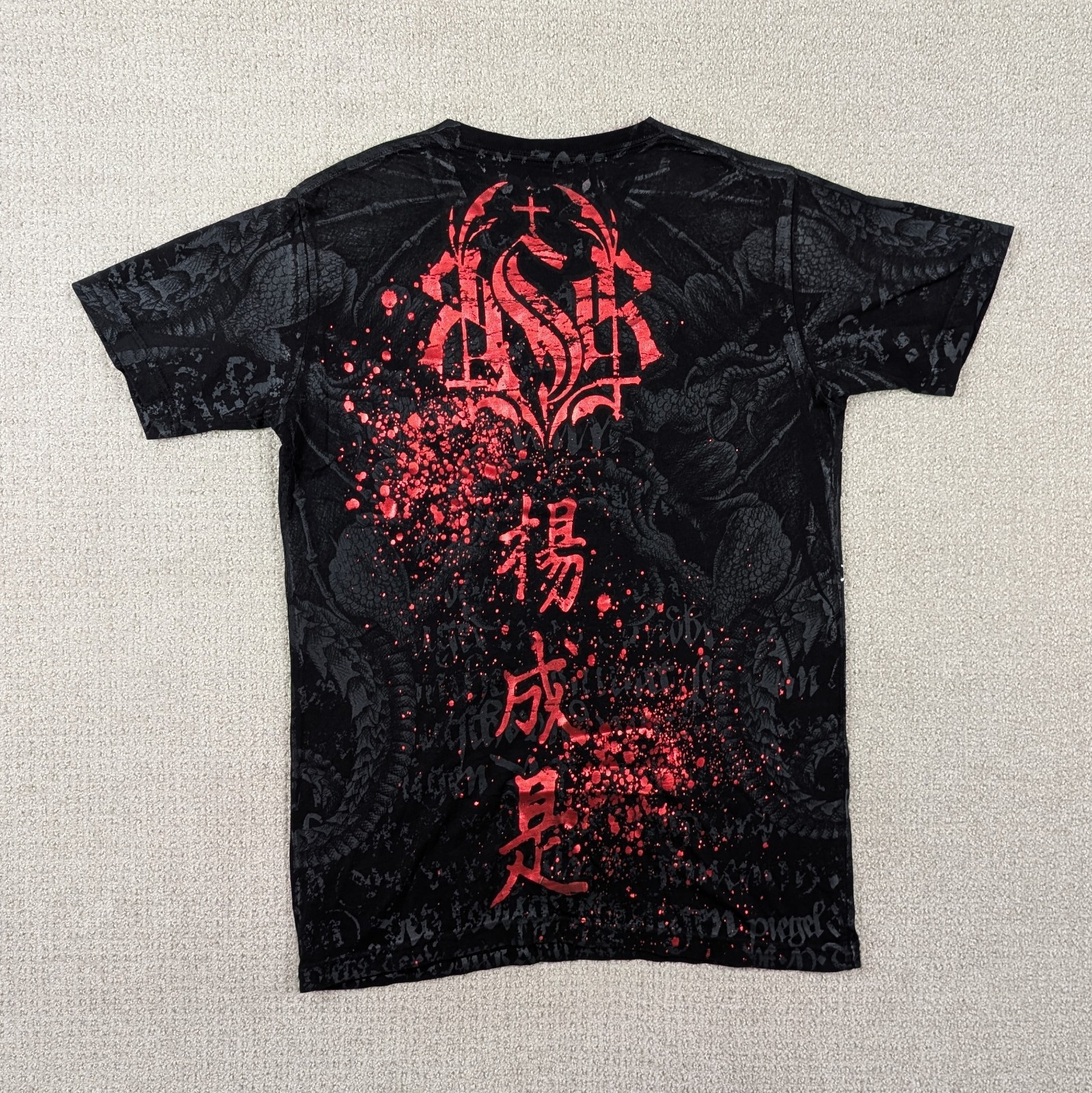 Y2K Raw State Skull Honor Men’s Small Shirt Black Red Foil Affliction Style AOP