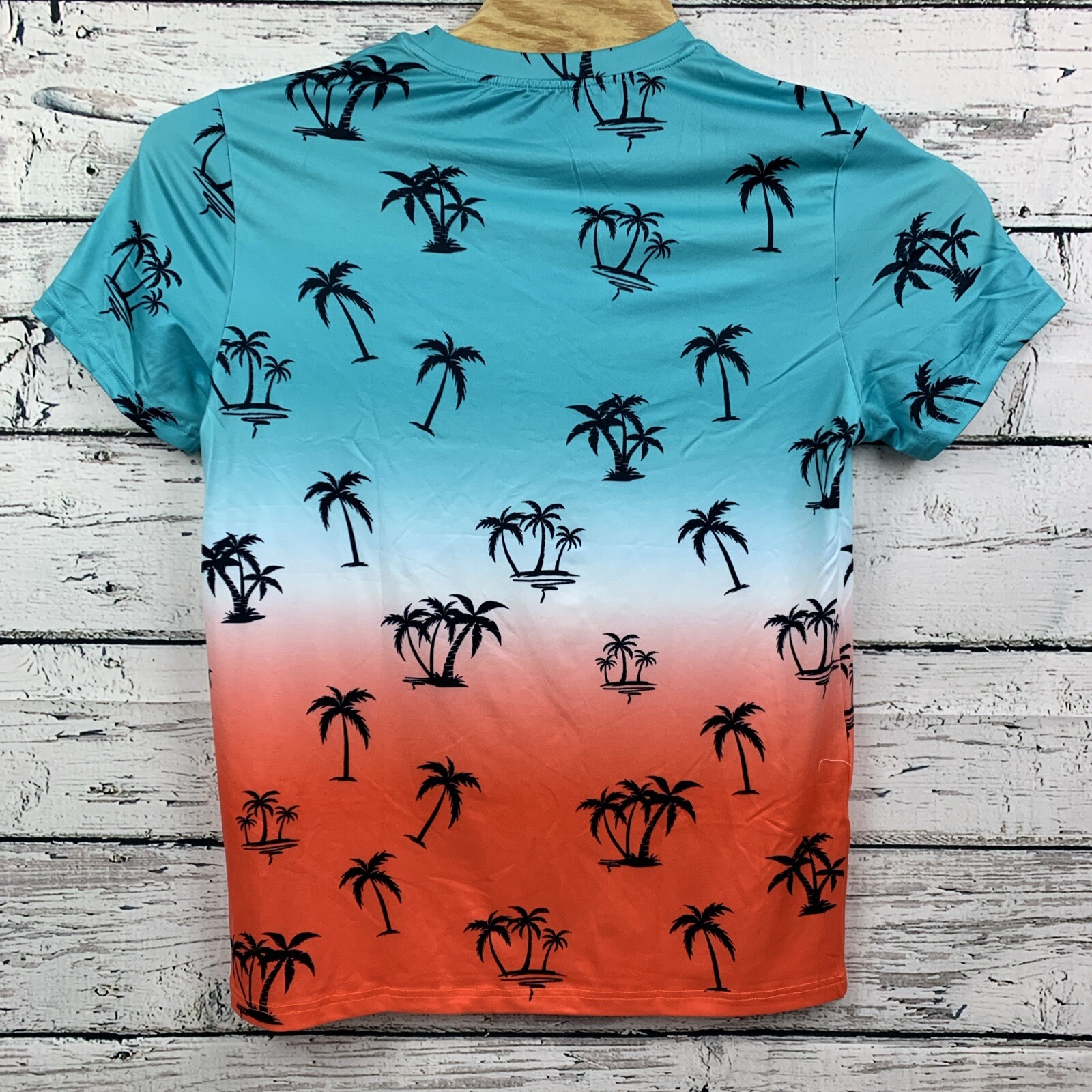 Tropical Palm Tree Print T-Shirt Blue Orange Ombre Graphic Tee [Size Small]