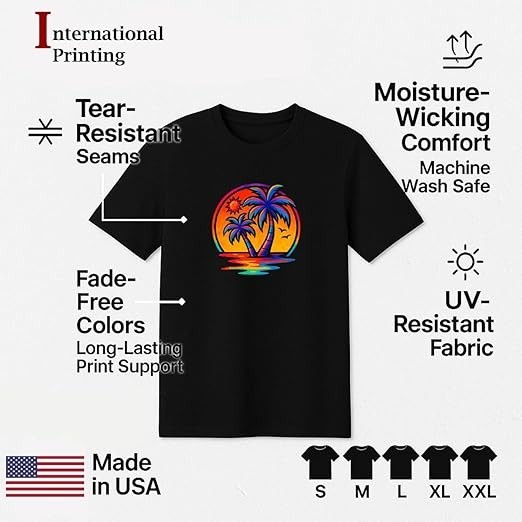 Tropical Sunset Palm Tree T-Shirt – Unisex Black Rainbow Beach Graphic Tee