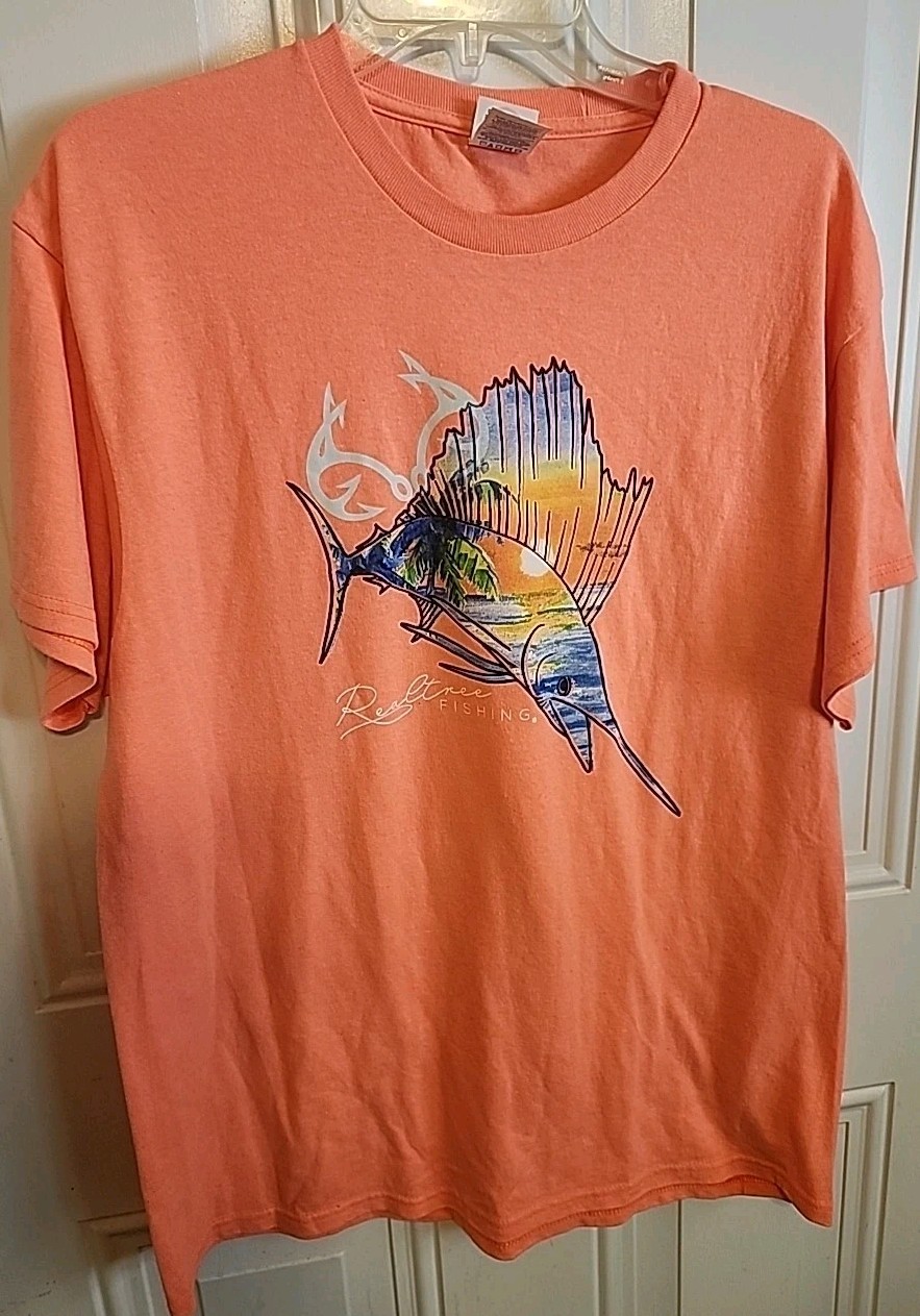 Delta Pro Weight Realtree Marlin Fishing Tshirt Size L Graphic Coral Heather