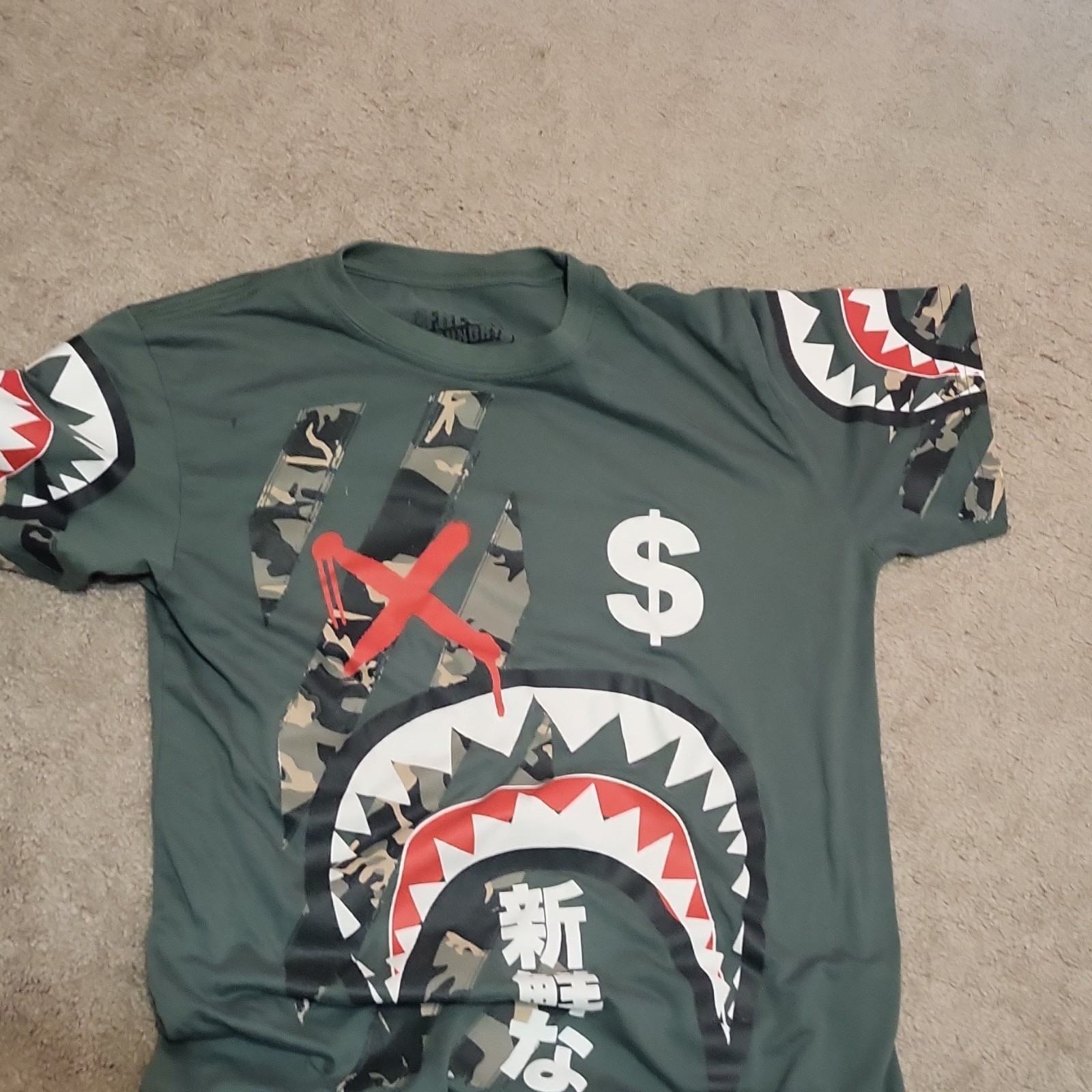 Fresh Laundry BAPE Shark Graphic Green Men’s Cotton Jersey Crew Tee Size L