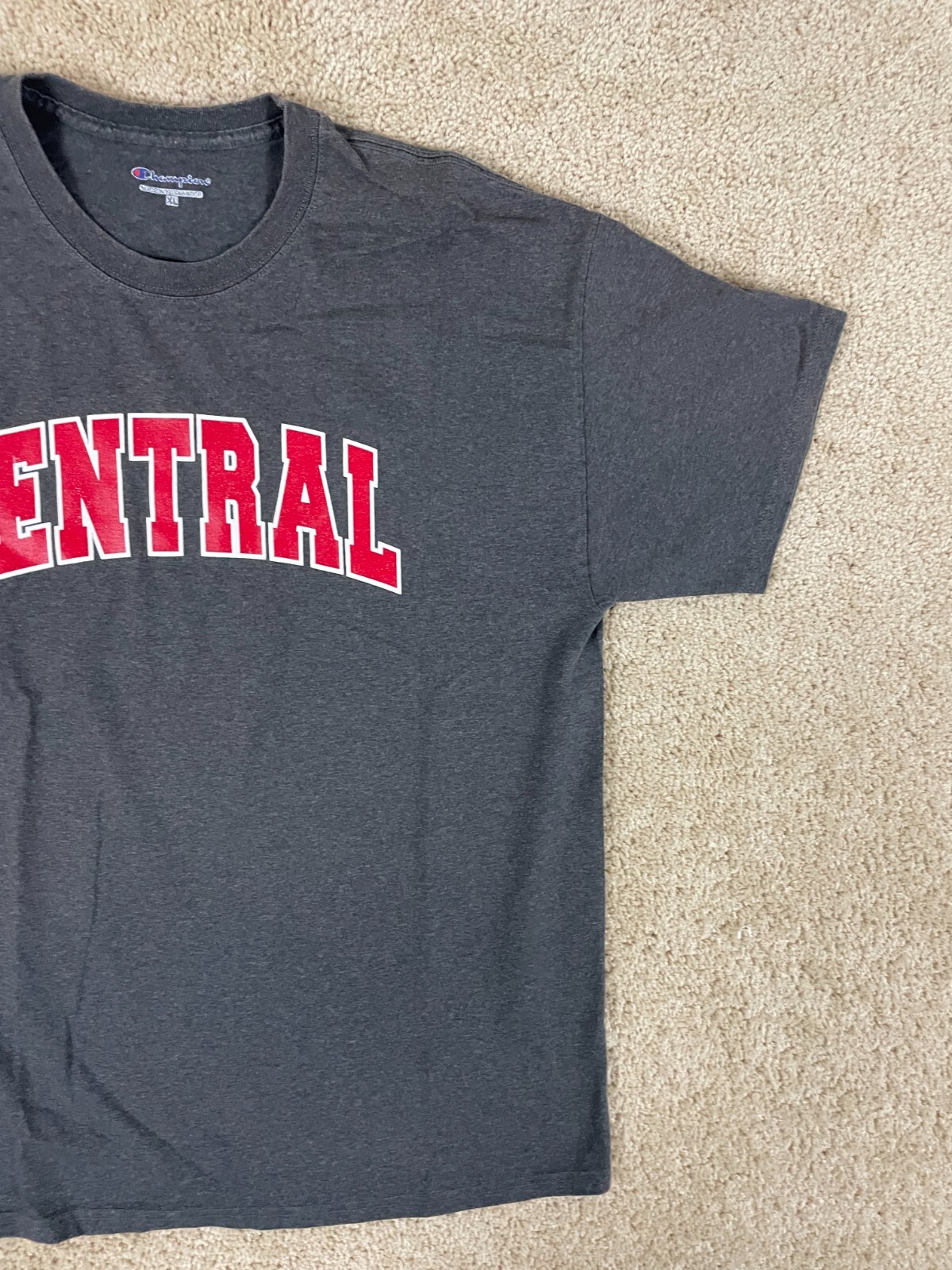 Champion Casual Basic T-Shirt Mens XL Crew Neck Central Spell Out Graphic Gray