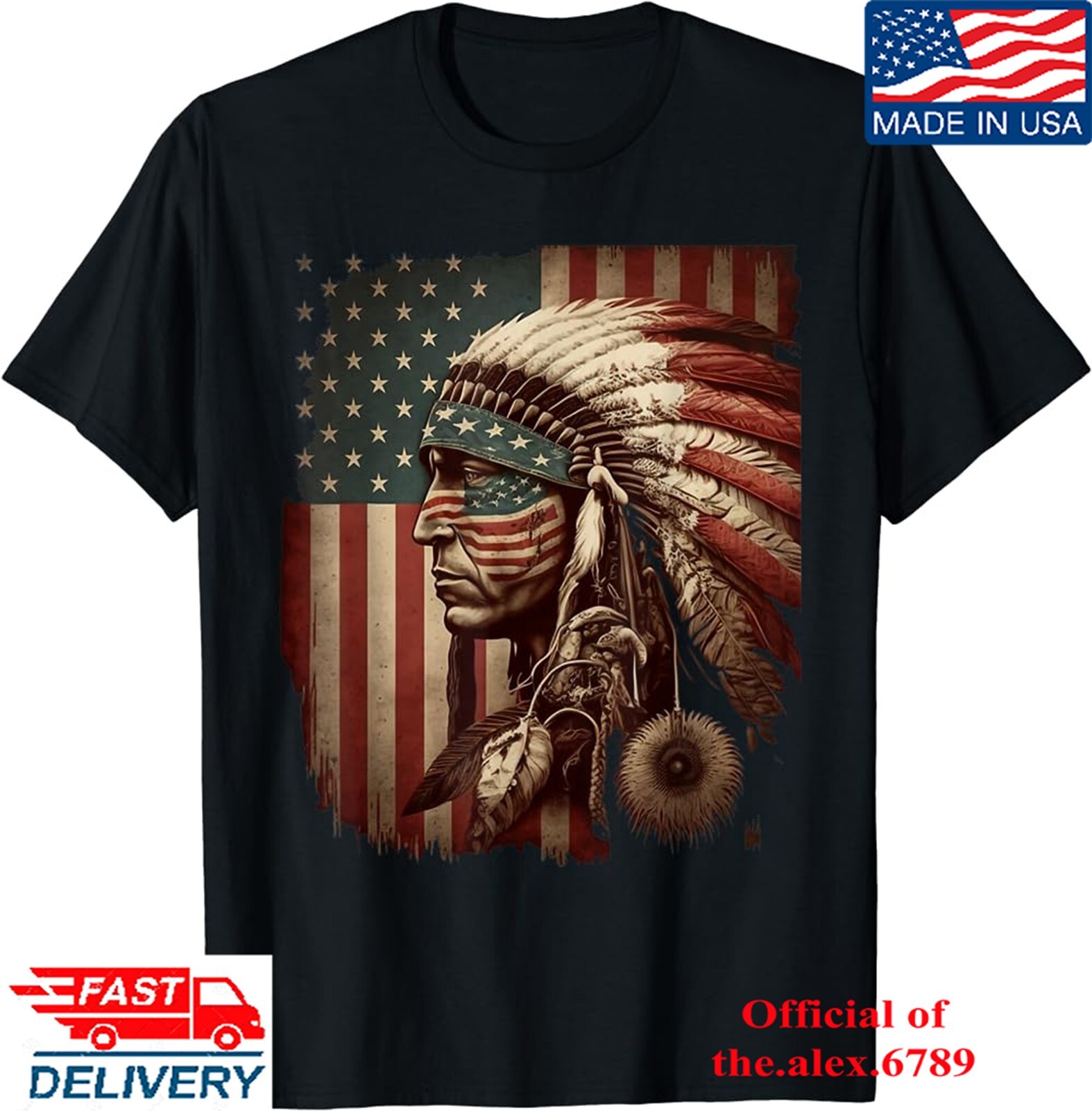 Native American Indian Chief American USA Flag T-Shirt, Unisex Tees