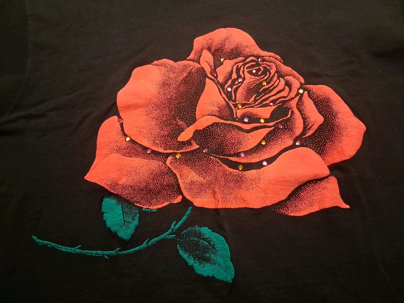 Vintage Large California Rose Flower Nature Bedazzled Gem T-Shirt Black Large