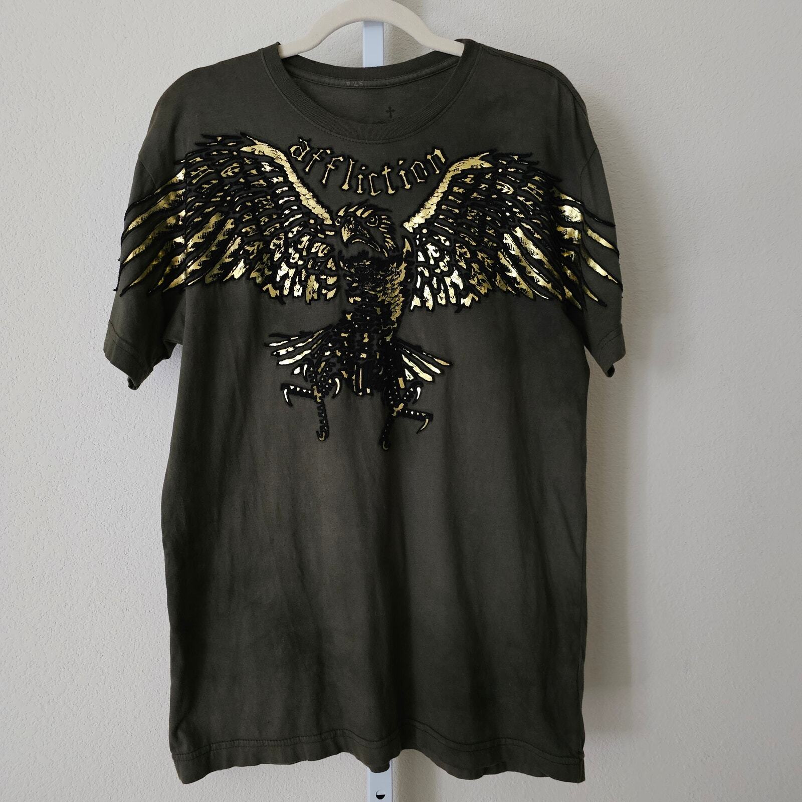 AFFLICTION Y2K Green Tie-Dye Gold Black Foil Velvet Graphic Eagle Shirt Sz L
