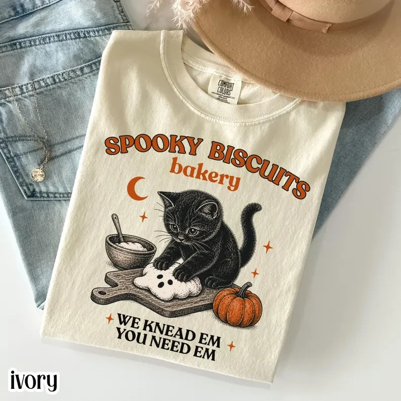 Vintage Spooky Biscuits Bakery Shirt Cute Black Cat Halloween Kneading Tee
