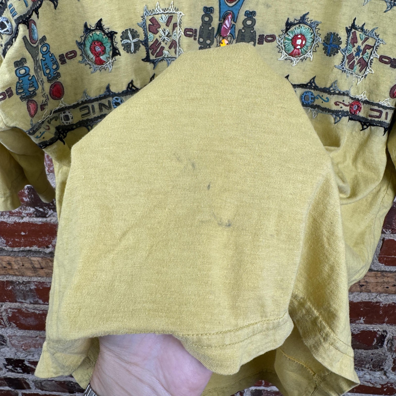 Vintage 2 Of Us Shirt Size Medium Yellow Ethnic Beaded Embroidered Boho 90s