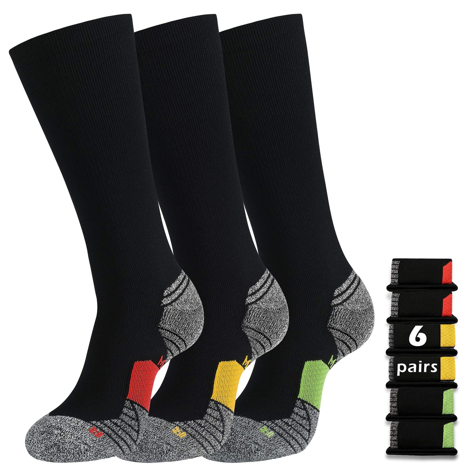 6 Pairs Mens Athletic Run Cushion Over-the-Calf Tube Socks（2Green+2 Red+2Yell…