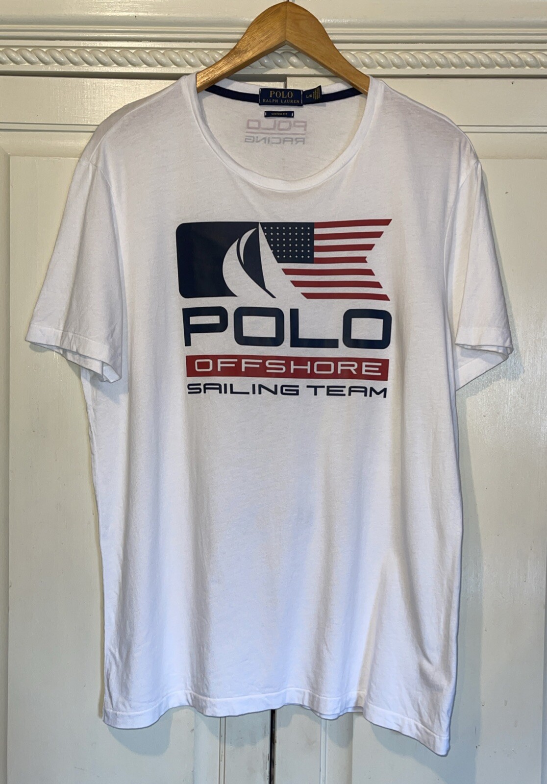 Polo Ralph Lauren T shirt Men L White Offshore Sailing Team American Flag Preppy