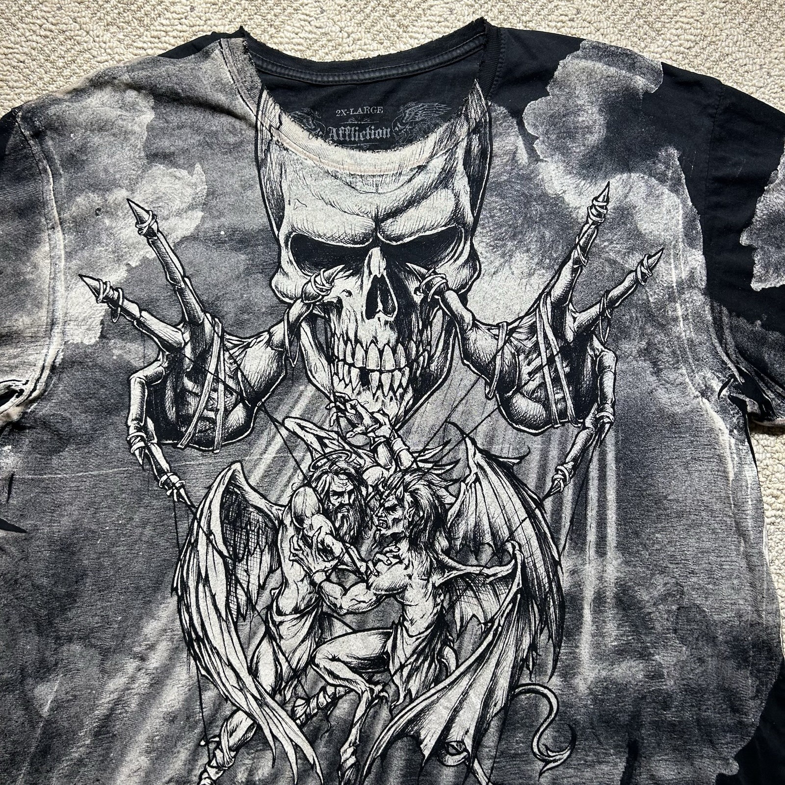 Rare Vtg Affliction Puppet Master God Vs Devil Demon Shirt 2XL Y2K AOP