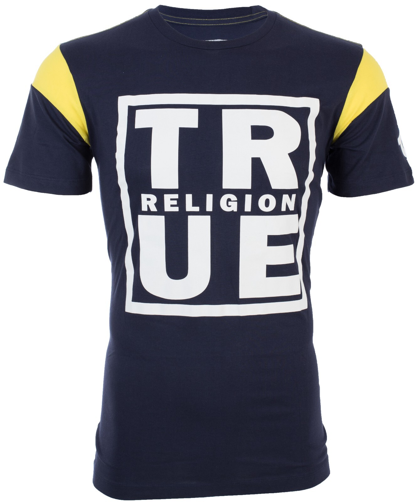 $79 TRUE RELIGION Navy SQUARE FOOTBALL Short Sleeve Designer Graphic T-shirt NWT