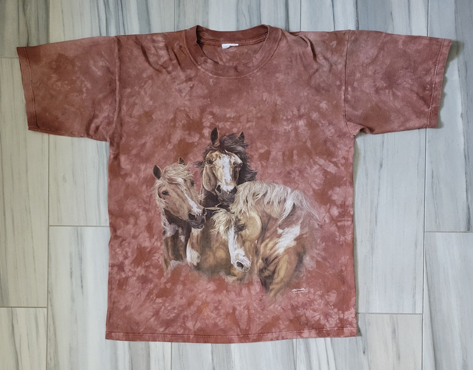 VTG XL 90s Polar Graphics USA Brown Tie-dye Horse T-Shirt