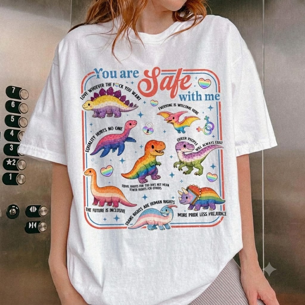 Dinosaur Rainbow You Are Safe With Me Ally Dinosaur Graphic T-Shirt