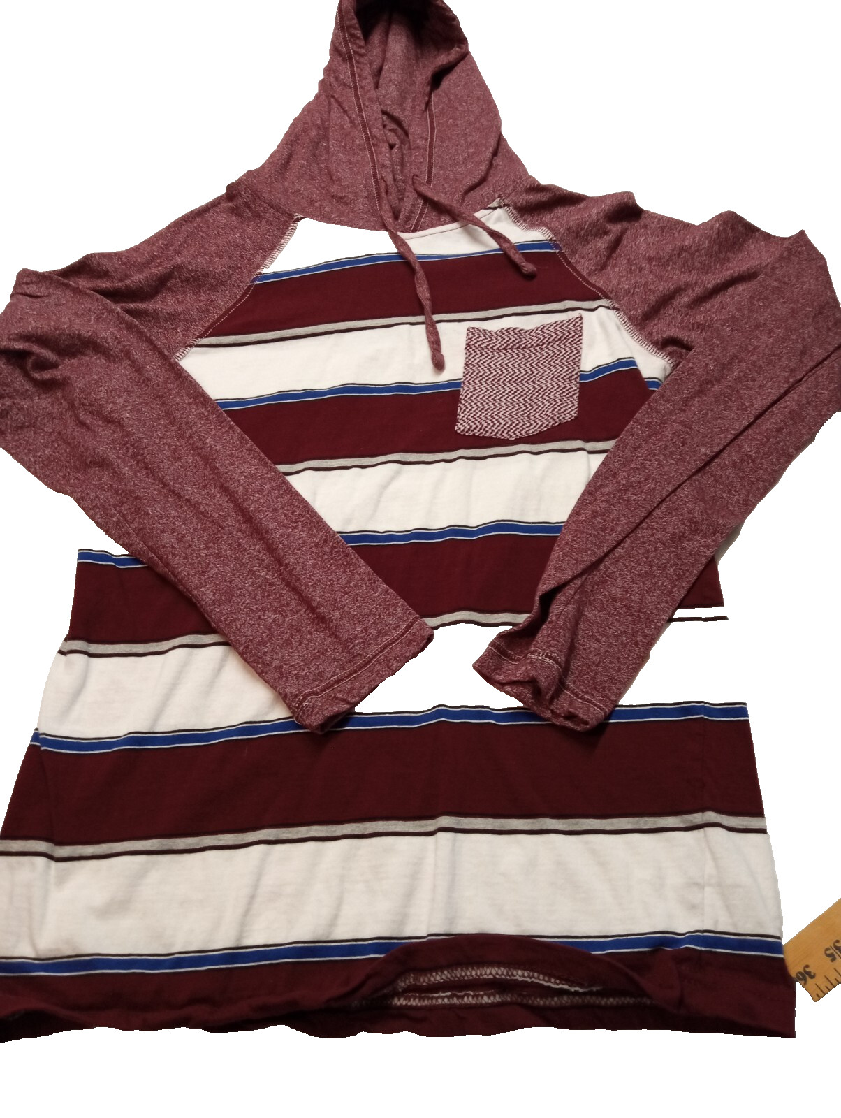 Men’s RUSTIC BLUE Long Sleeve Hooded Maroon & White Shirt Size Medium