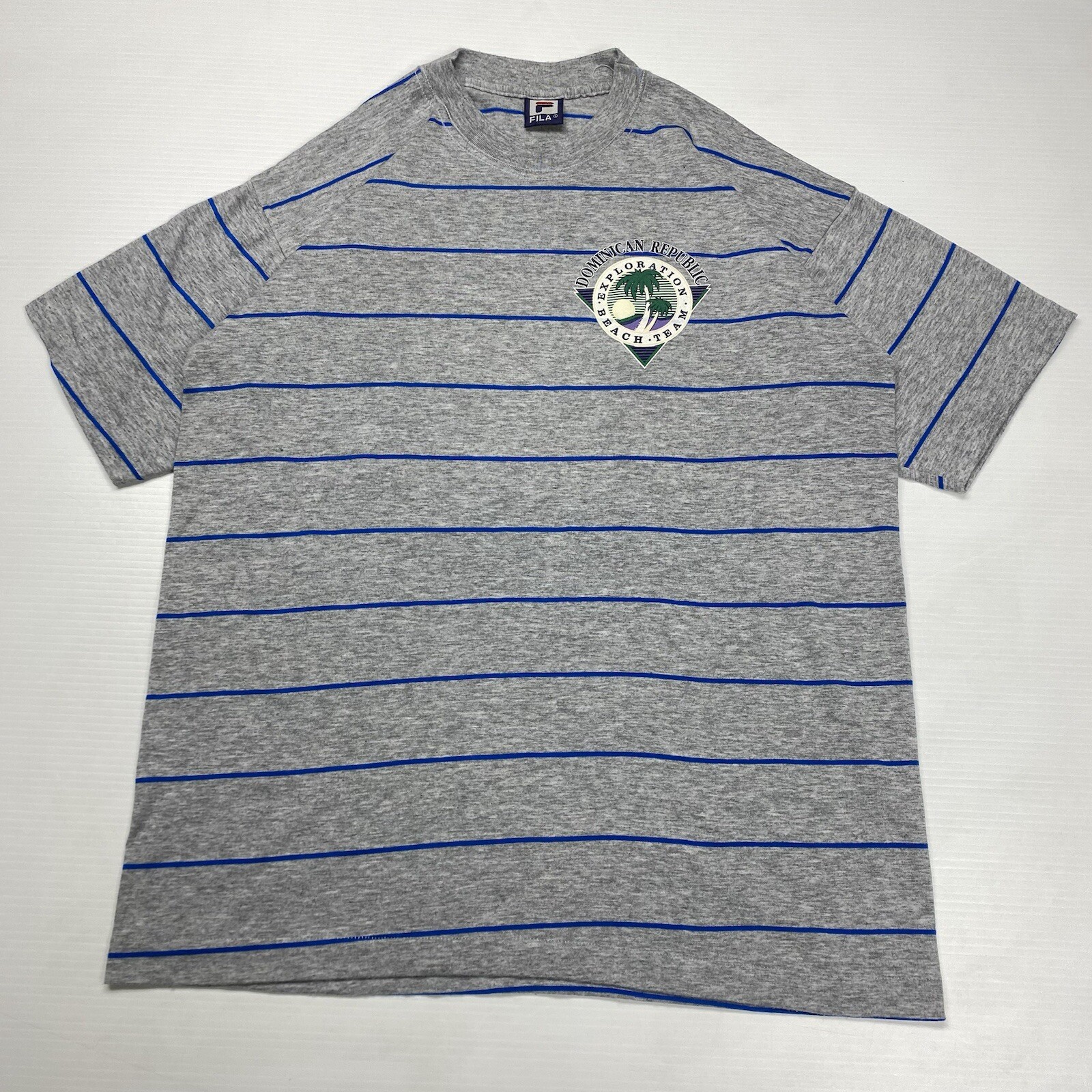 Vtg FILA Dominican Republic Beach Exploration Team Mens T-Shirt L Gray Striped