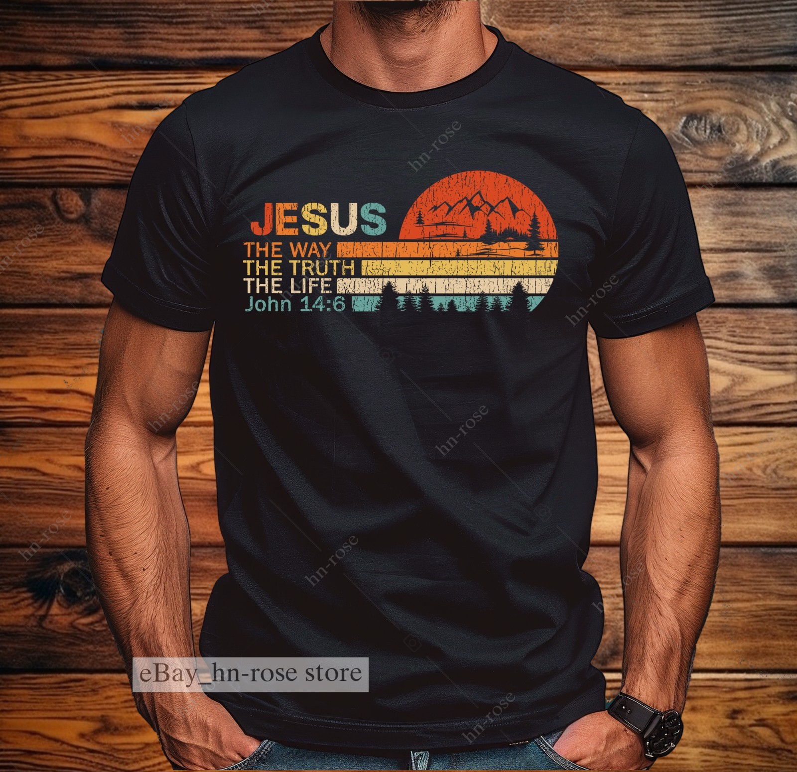 Christian Cross T-Shirt Vintage Retro Sunset Bible Verse Faith Gospel Jesus Tee