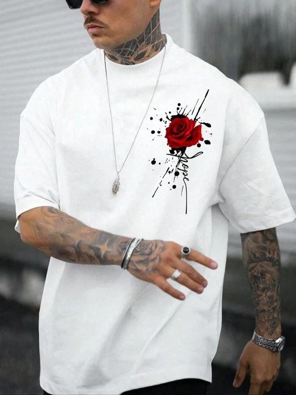 Men’s Rose Print Drop Shoulder Tee, Summer Clothes, Regular Fit Casual Style Tee
