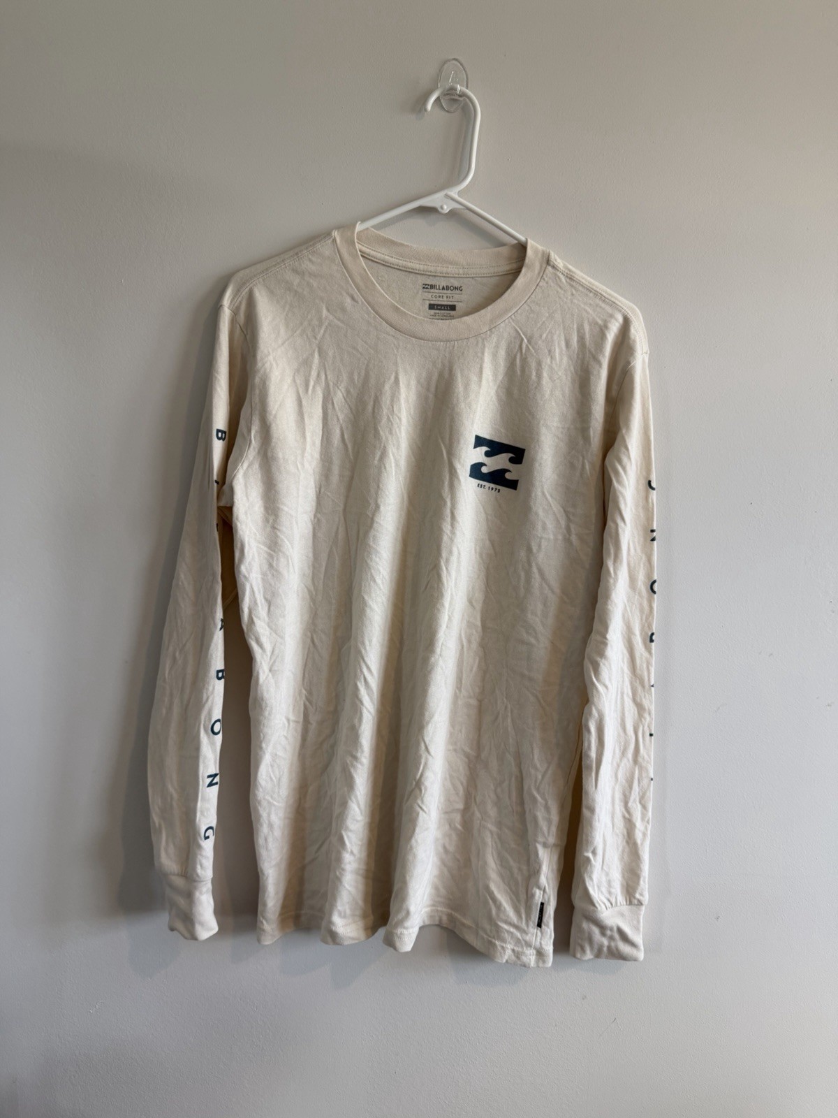 Billabong Mens S Beige Graphic Logo Crew Neck Long Sleeve Knit Cotton T-Shirt