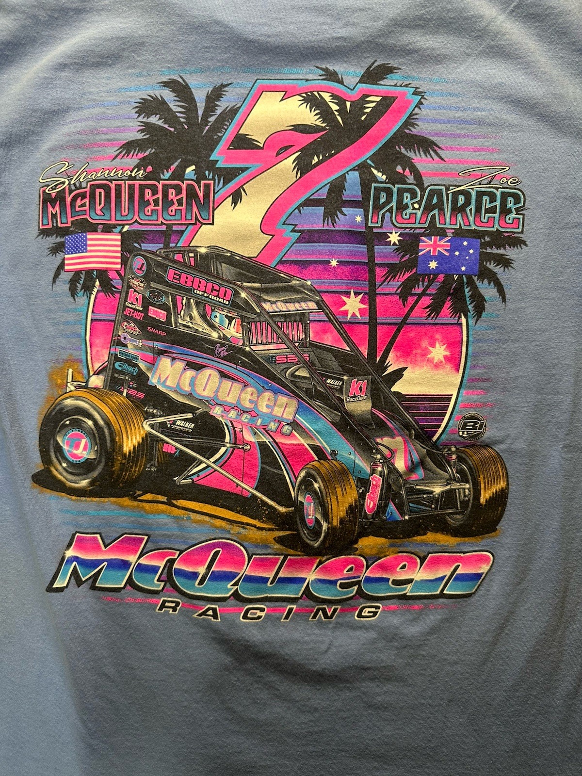 McQueen Racing Sprint Car Tee Large Blue Vaporwave Neon Racing Shirt Retro