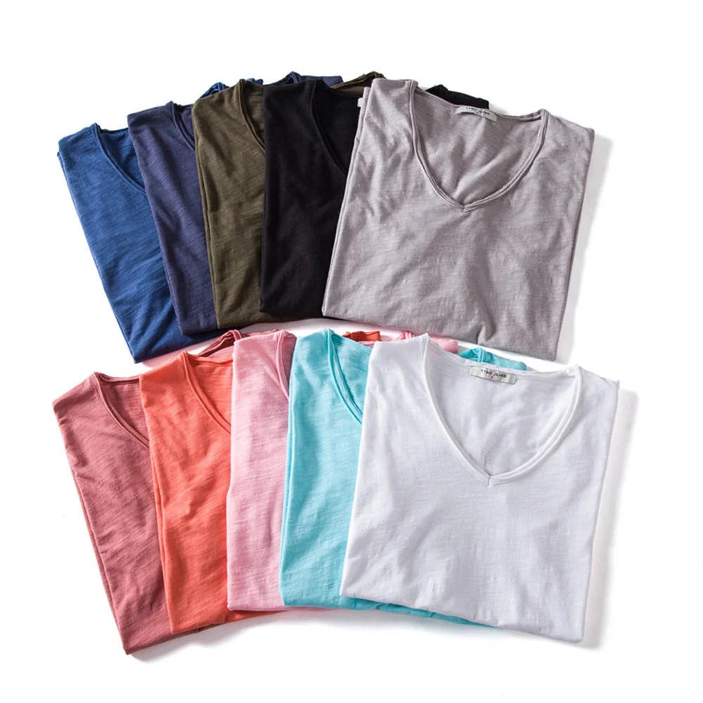 100% Cotton Men T-shirt V-neck Lightweight Summmer Slim Fit T-shirts Male Tops