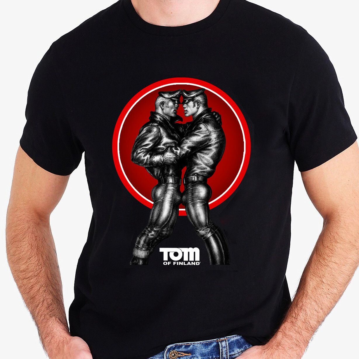 TOM OF FINLAND GAY MENS T SHIRT “LEATHERMEN” (QUEER, LEATHER PANTS, BOOTS)