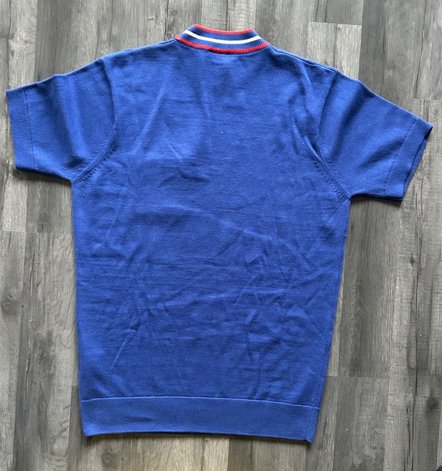 Gabicci Knit T Shirt Medium Blue Ringer High Round Neck Short Sleeve Pocket Tee