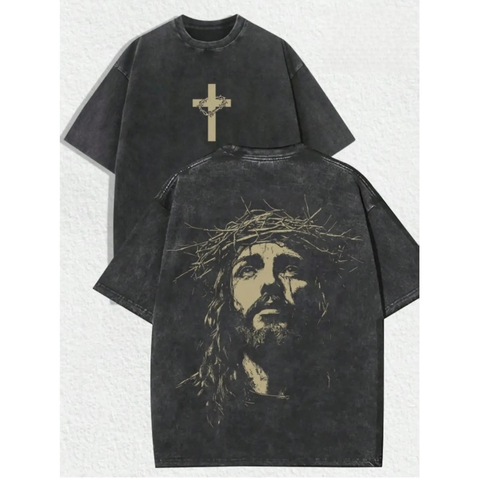 Jesus Crown of Thorns Double-Sided Washed Black Christian T-Shirt – Oversized Fa