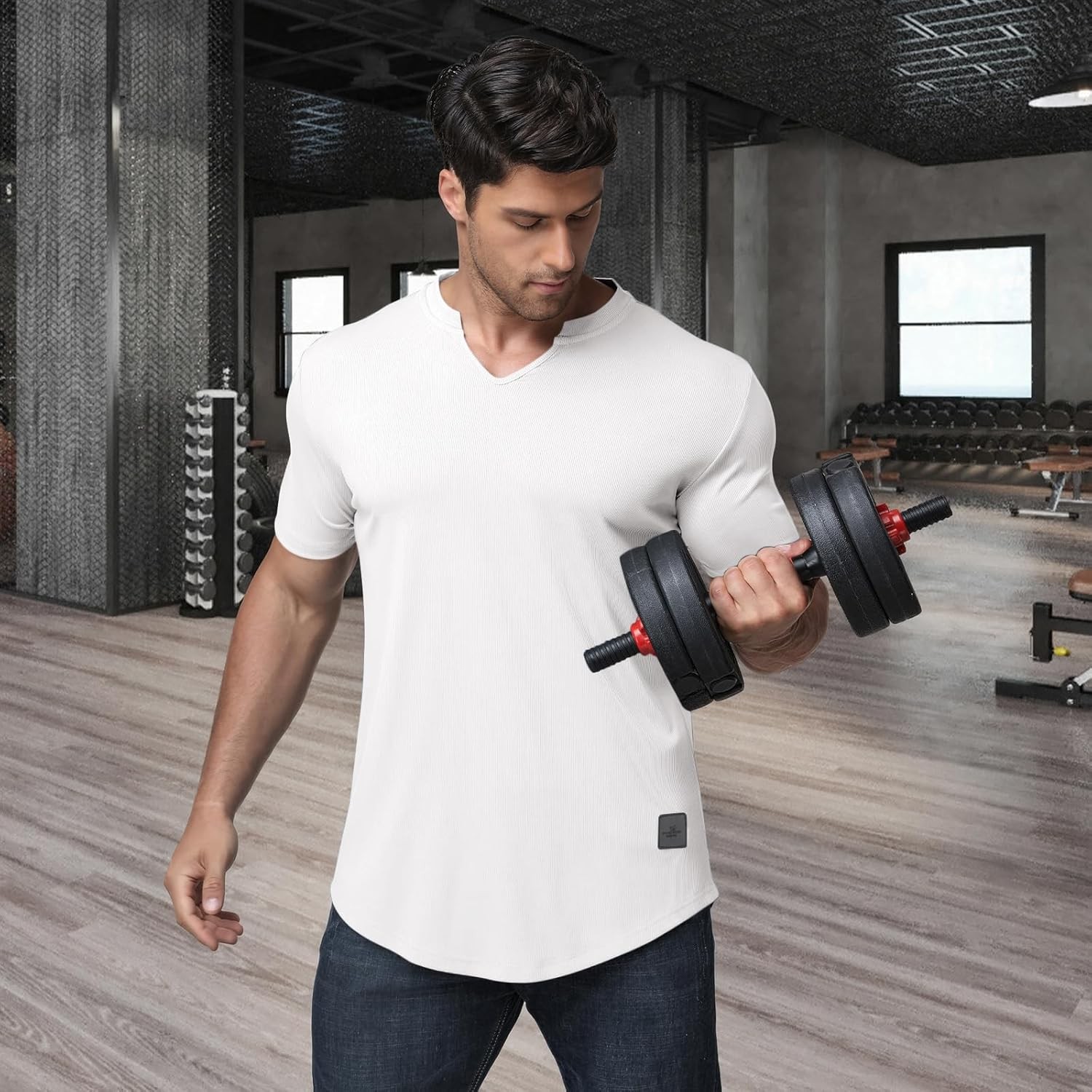 Muscle Fit V Neck T Shirt Men Casual Ribbed Short Sleeve Longline Henley S