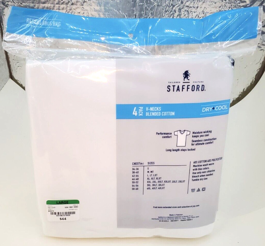 Stafford T Shirt Dry+Cool V-Necks Blended Cotton LARGE 4Pack