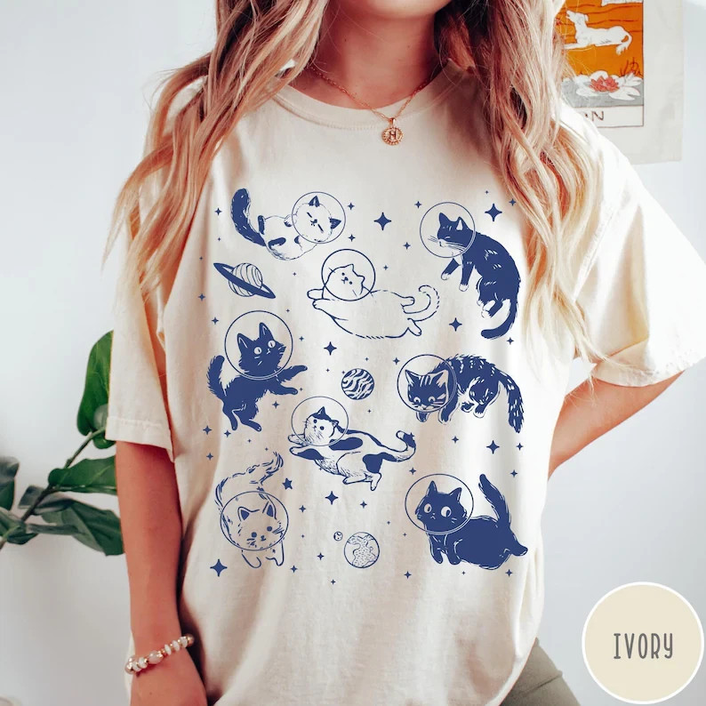 Cute Space Cat Tee Galaxy Kitten Graphic Shirt Celestial Themed Apparel
