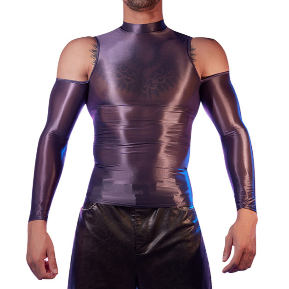 Men Tights Tops Shirt T-shirt Sexy Hollow Out Oiled Shiny Party Clubwear Fashion