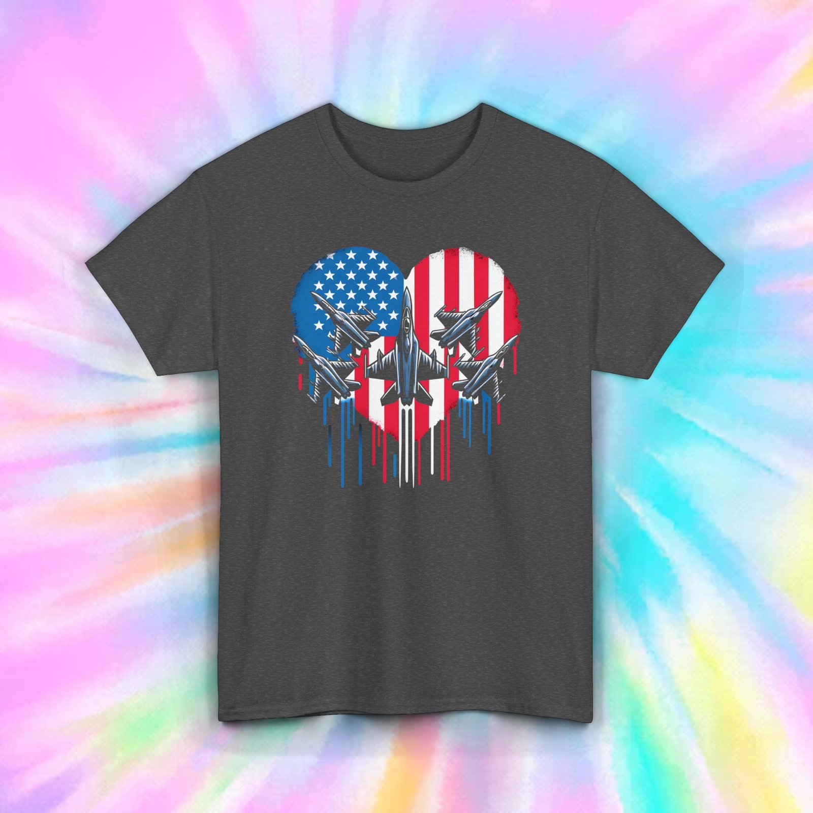Patriotic Heart Fighter Jet T-Shirt | American Flag Military Aircraft Tee |S-5XL
