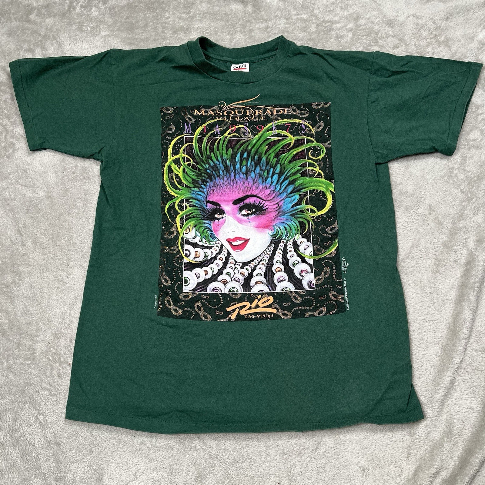 VTG Las Vegas Masquerade Tee Men L Green Single Stitch 1996 Andrea Mistretta Rio