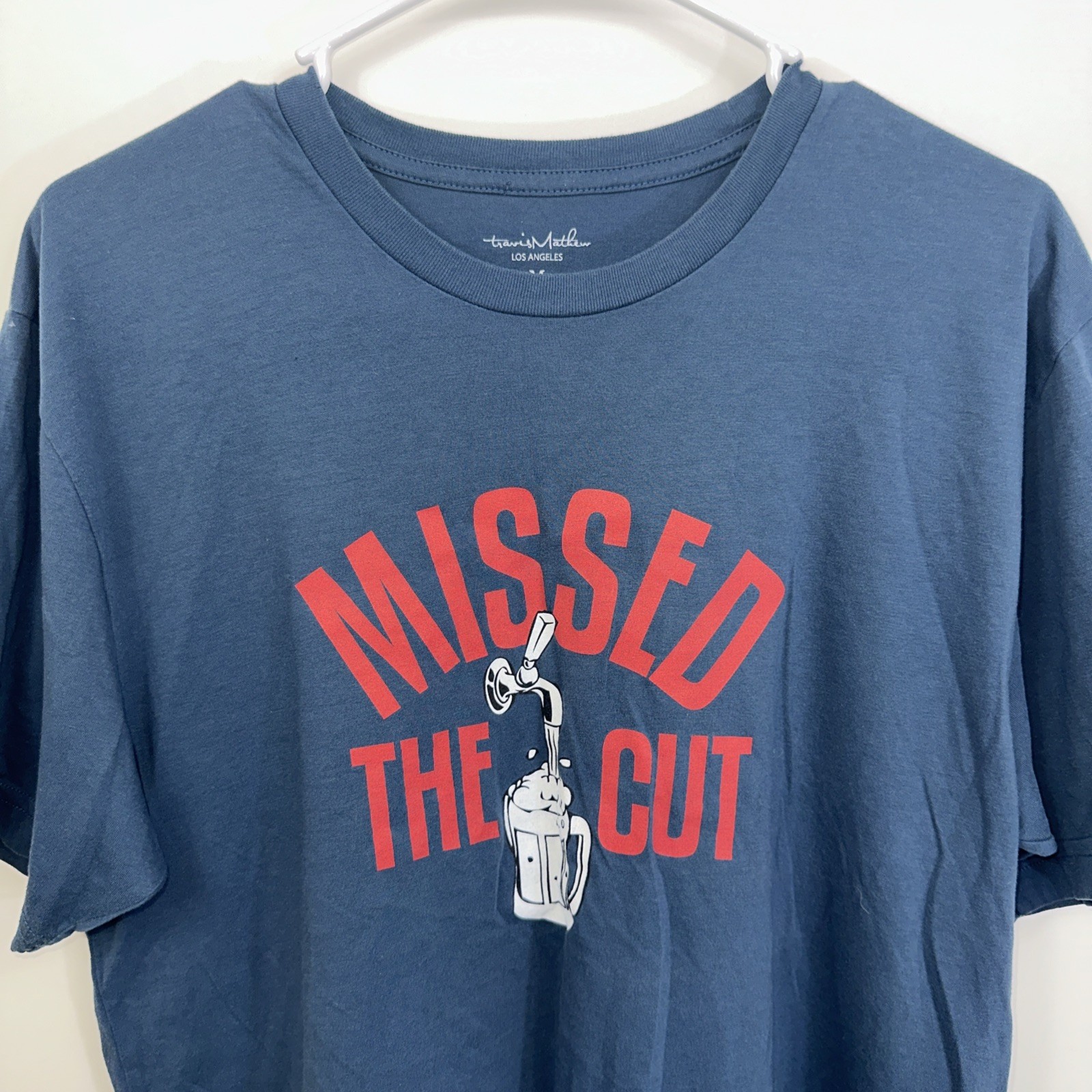 Travis Mathew Missed the Cut Men’s Medium Navy Blue Red 50/50 Blend S/S T-shirt