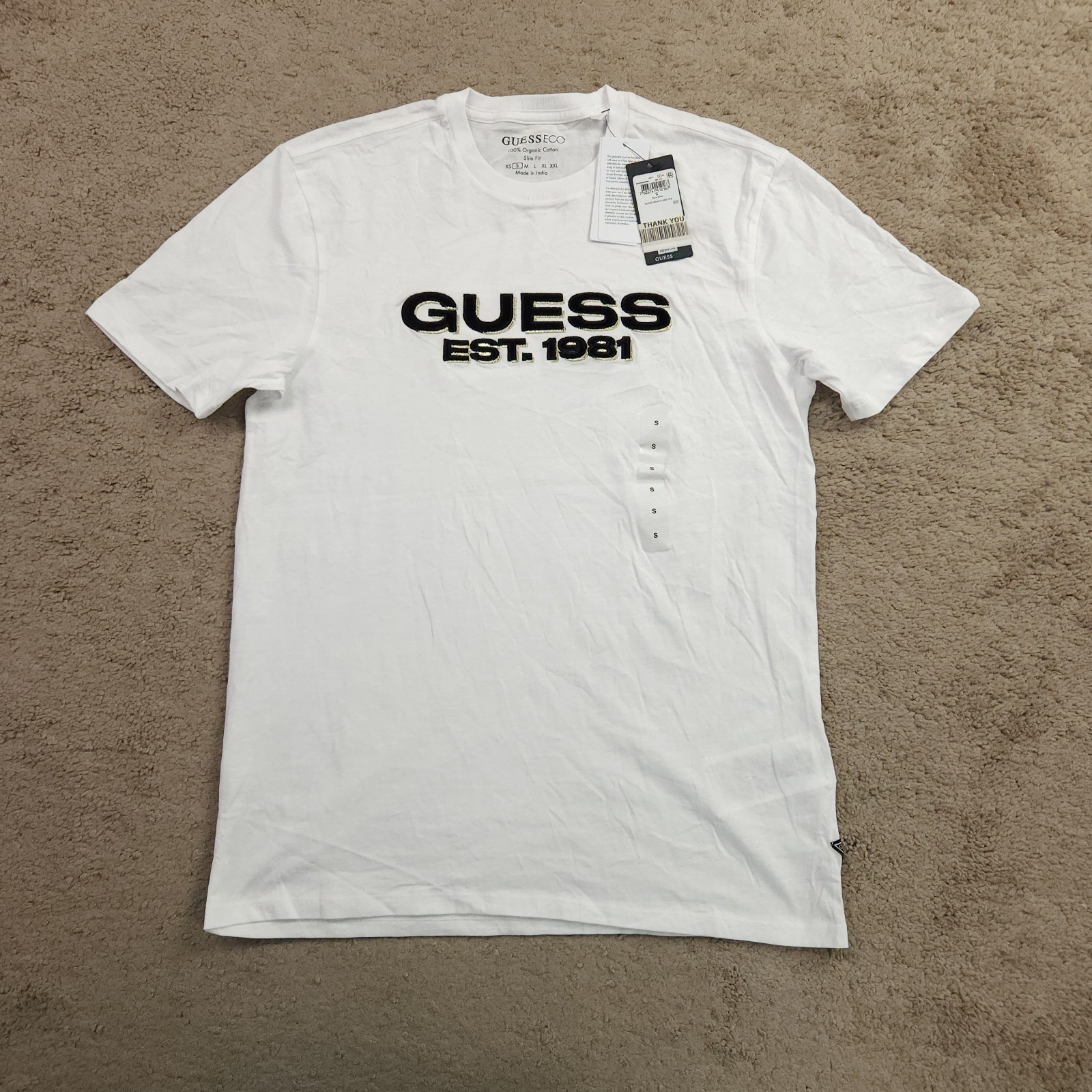 Guess Eco Men White Crewneck Embroidered Velvet Logo Tee Size S