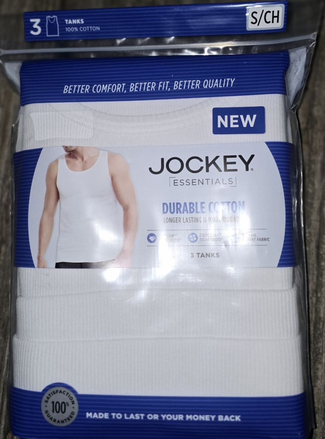 Jockey Essentials Men’s SMALL WhiteDurable Cotton 3 Tanks