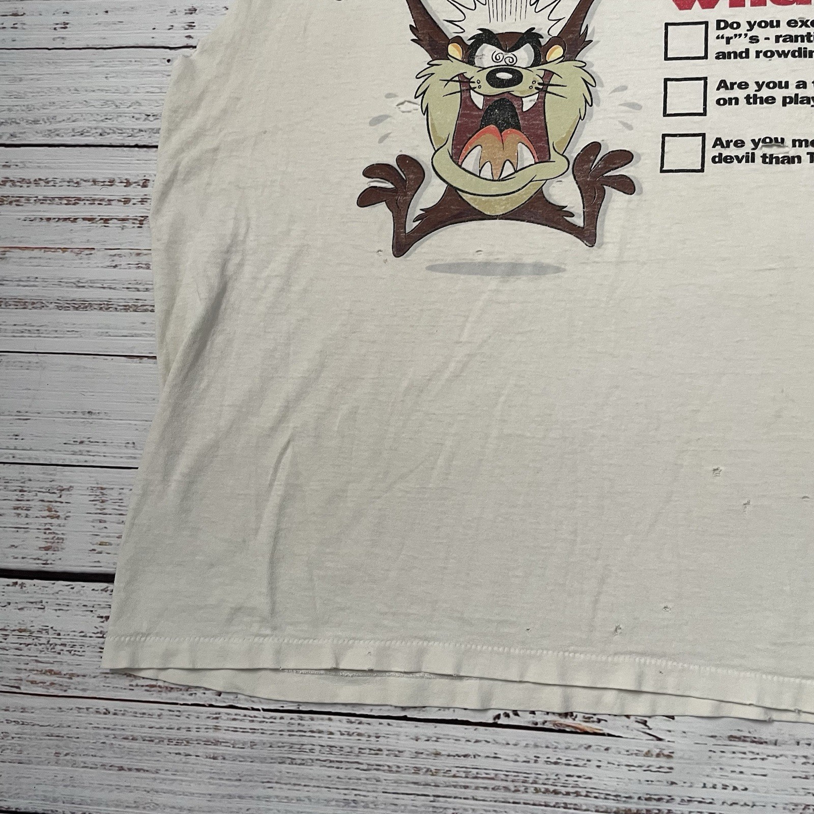 Vintage 90s Taz Looney Tunes Distressed Worn Faded Cut Off White Shirt Adult 2XL