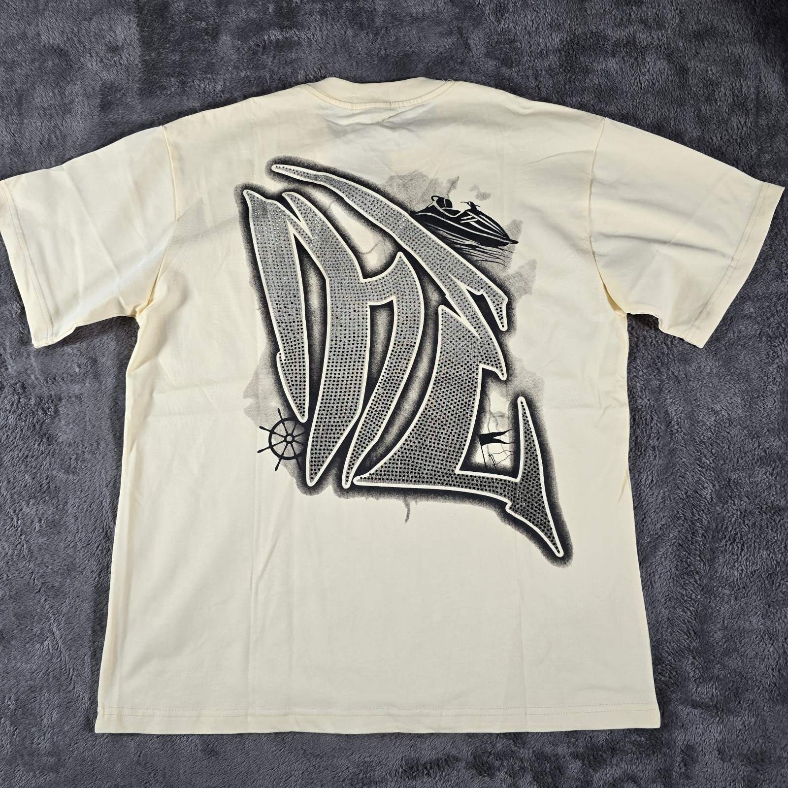 Mixed Emotion Clothing Jetski Rhinestone T-Shirt Mens Cream Y2K Streetwear Size
