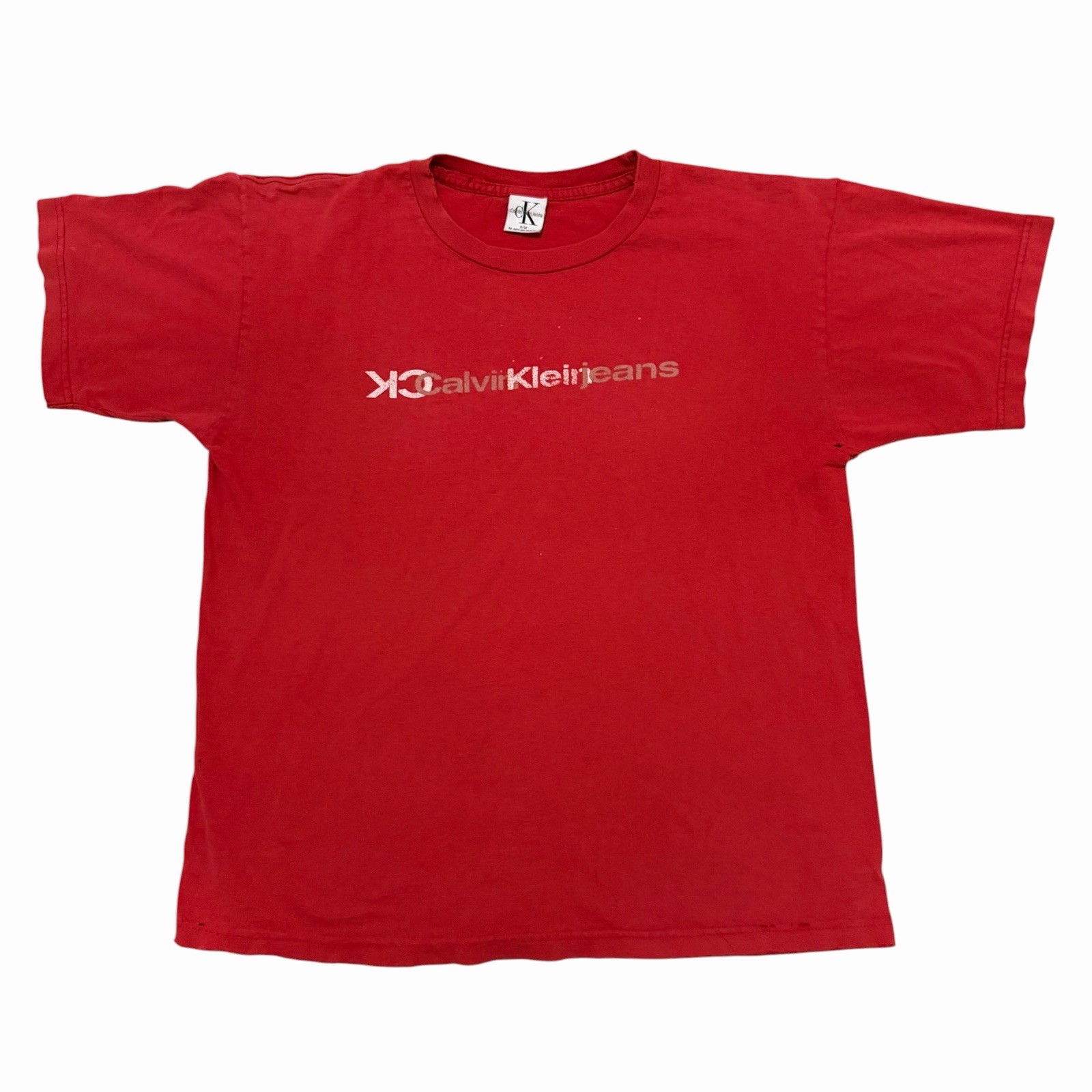 Vintage CK Calvin Klein Jeans T-shirt S/M Red Thrashed Distressed Made In USA