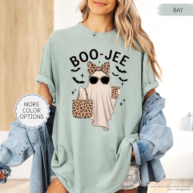 Funny Ghost Halloween Shirt Leopard Bow Coffee Graphic Tee Gildan Unisex Gift