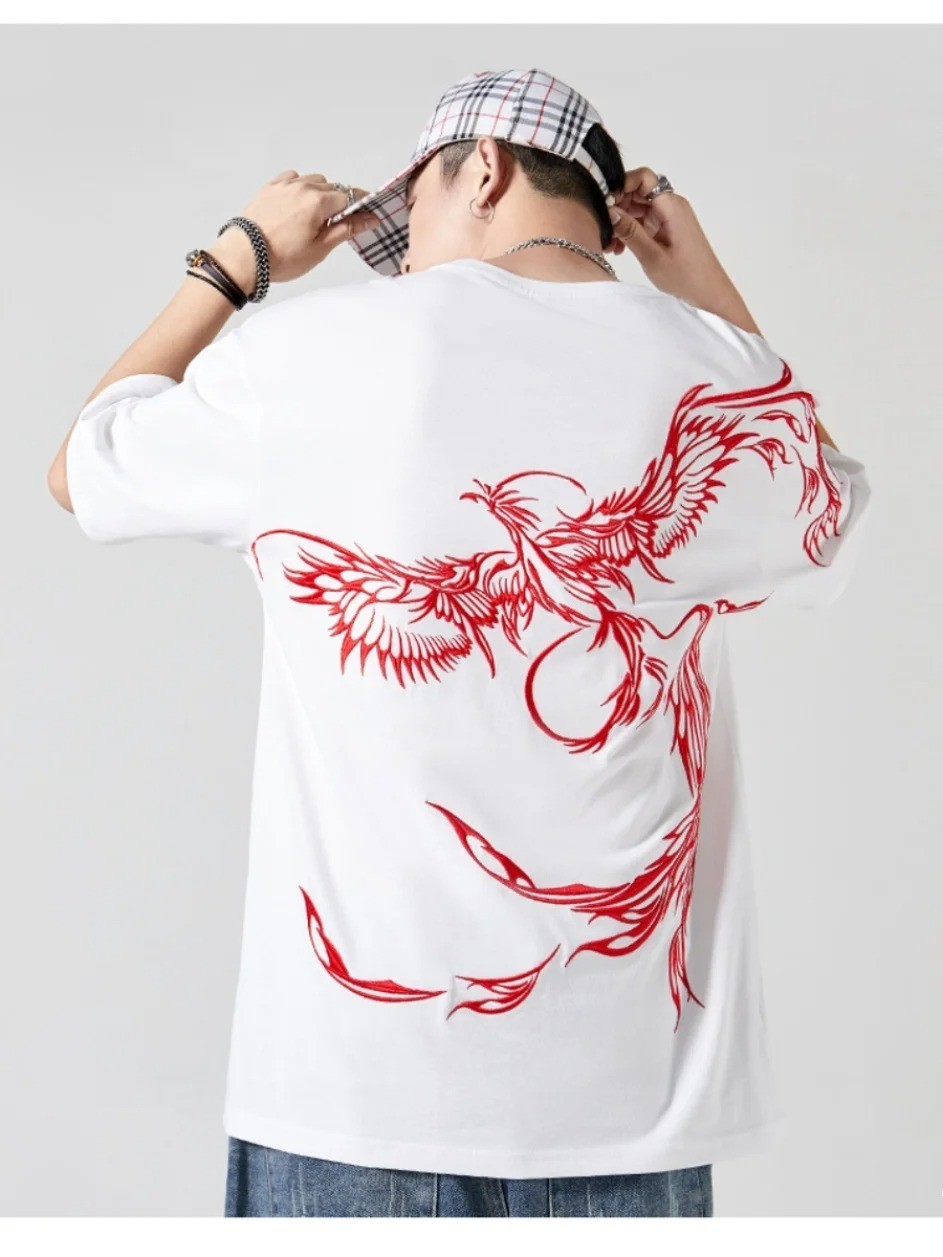 Men’s Premium Phoenix Embroidery Cotton T-Shirt Slim Fit Short Sleeve Tee