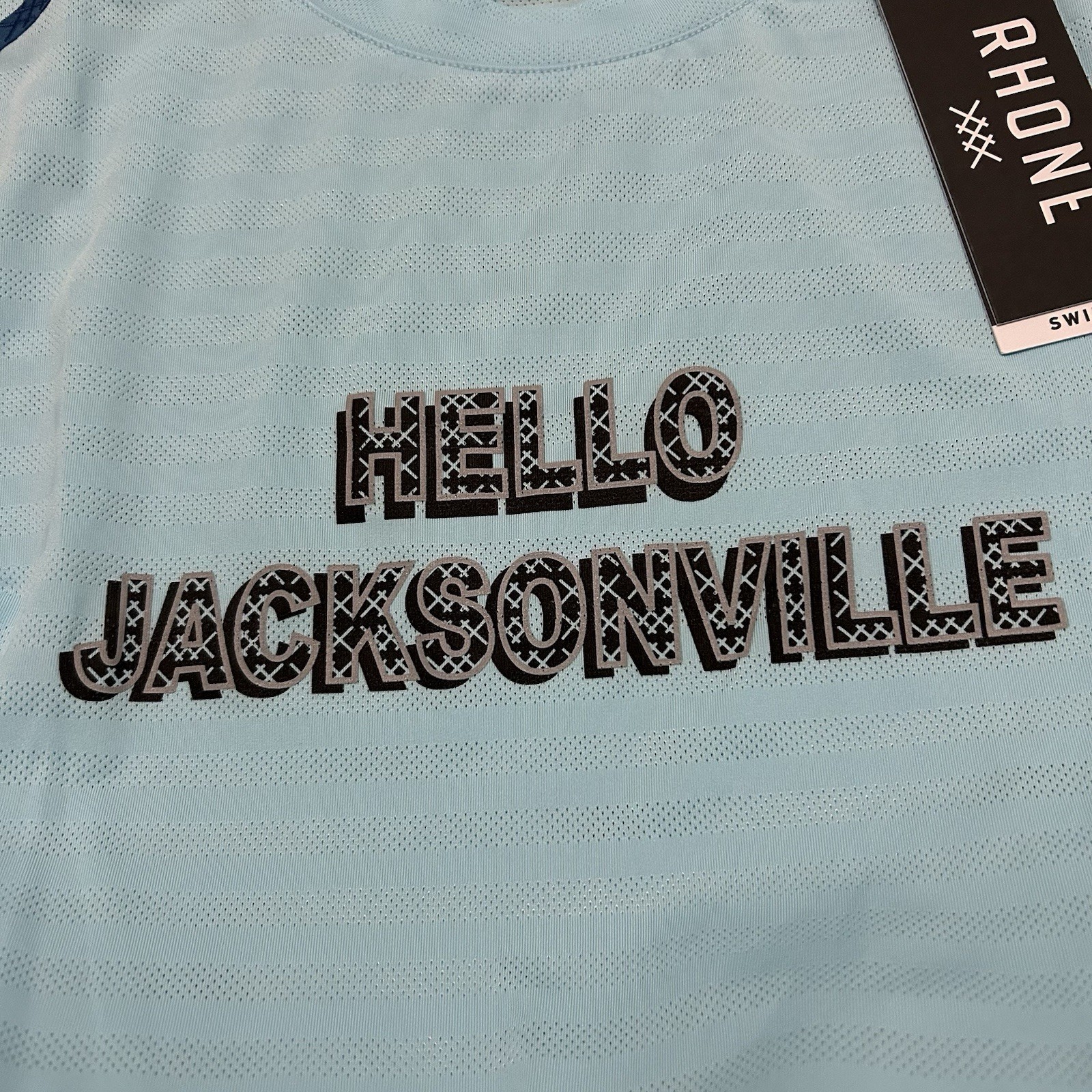 Rhone Swift Short Sleeve Shirt Hello Jacksonville Size M Castaway Blue