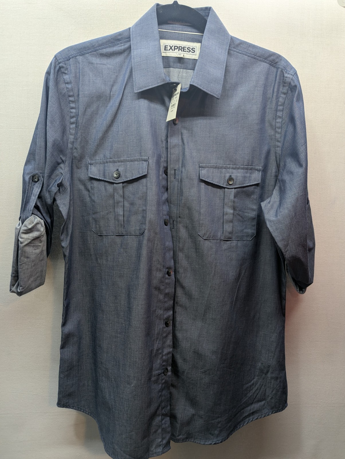 Express Extra Slim Fit Men’s Button Up Size Medium 15-15 1/2 Blue 100% Cotton