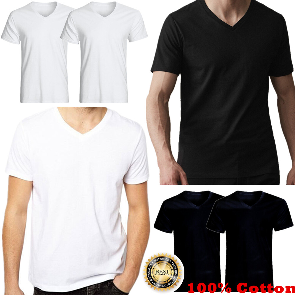 For Mens 100% Cotton Thick Basic Tee Casual T-Shirt V-Neck Black White S-4XL