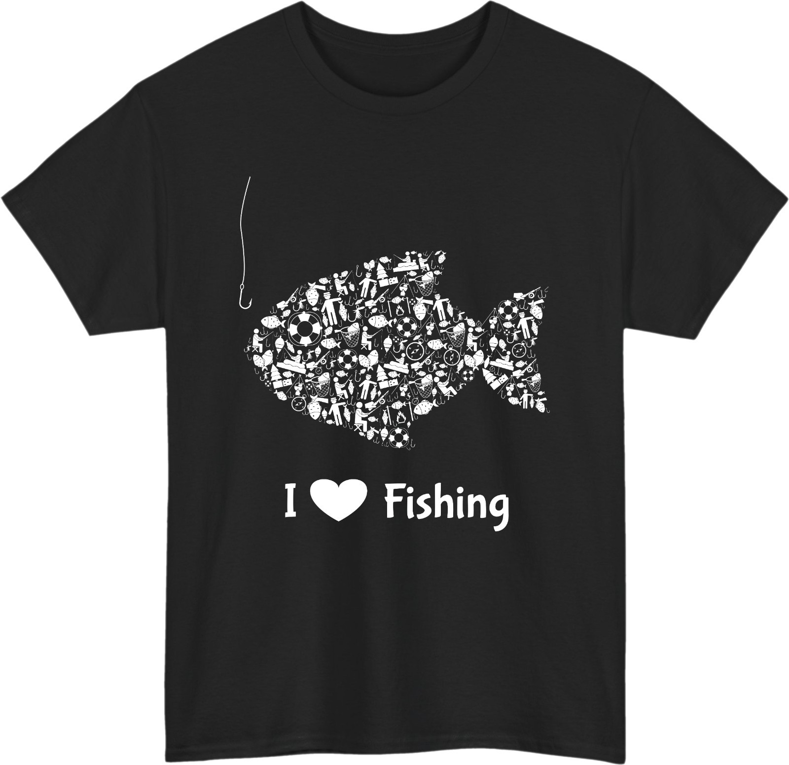 I Love Fishing Classic Outdoor T-Shirt – Creative Fish Silhouette Mosaic Tee Top
