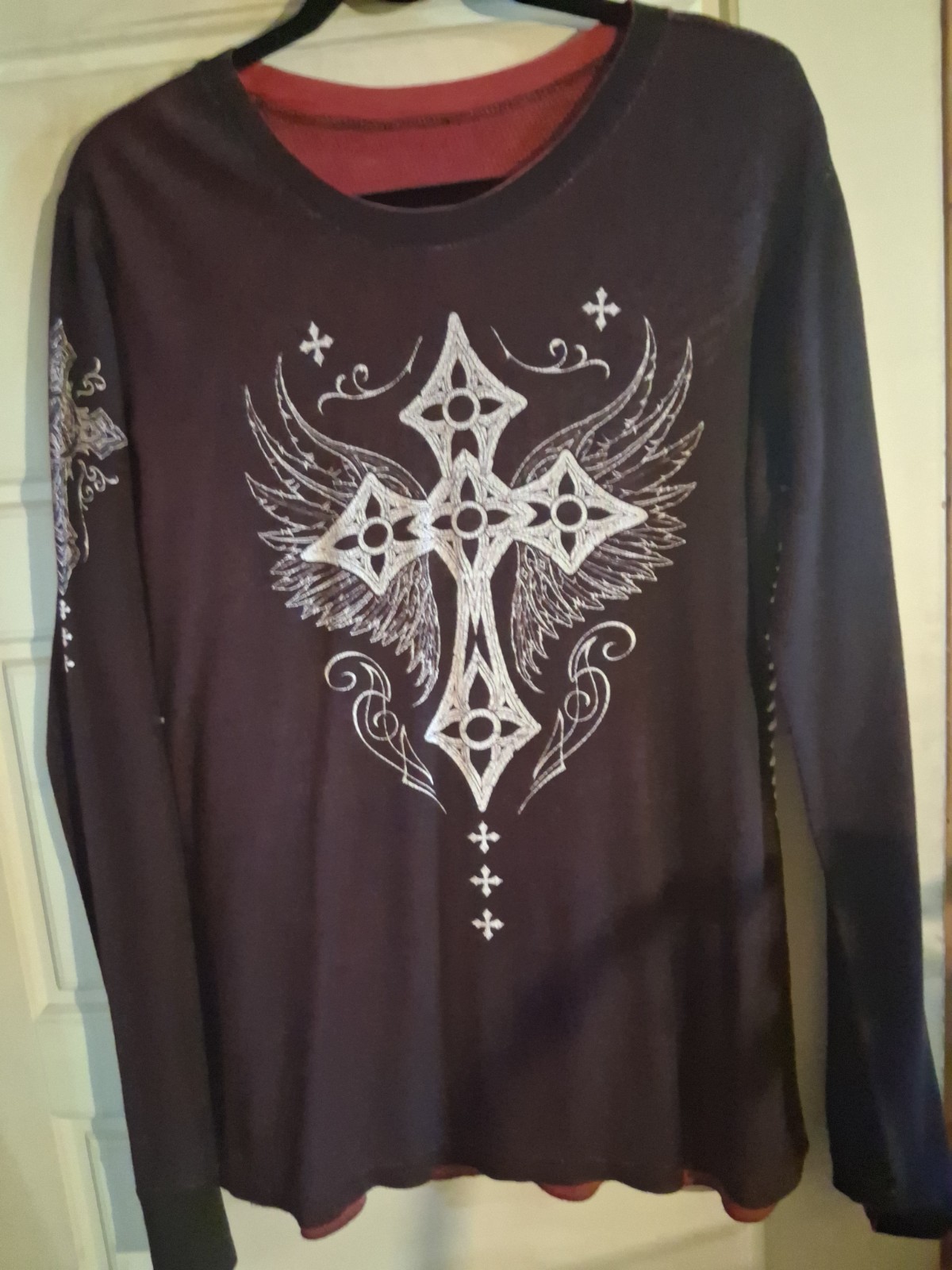 Affliction Reversible Shirt Mens Medium Red/Wine Long Sleeve Thermal Grunge-Flaw