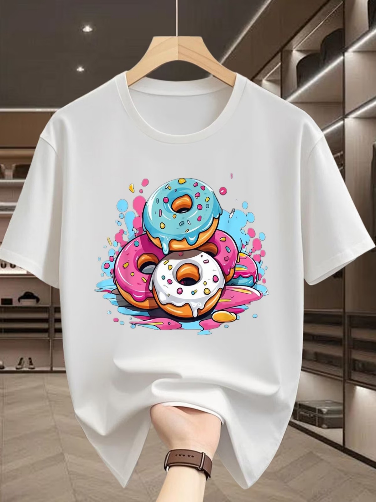Men’S T-Shirt with Colorful Donut Print, Featuring Blue And Pink Paint Splashes