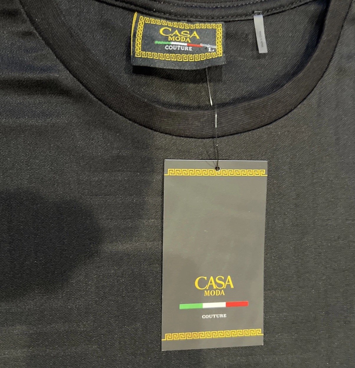 NWT Casa Moda Couture~LARGE~Men’s SS Knit Tee Black Textured X Line Pattern