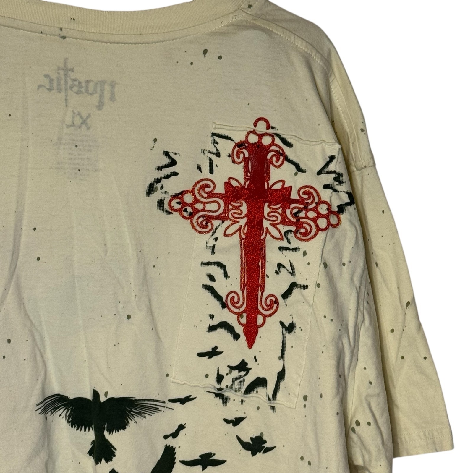 Nostic Men’s T-Shirt Paint Splatter Beaded V-Neck Short Sleeve Cotton Beige XL